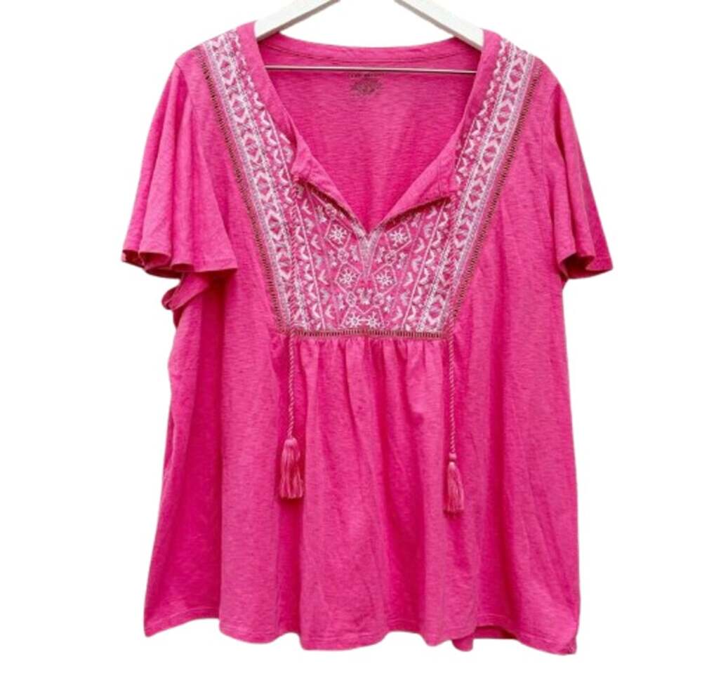 LANE BRYANT Hot Pink Embroidered Boho Tassel Top Blouse Womens Size 18 20